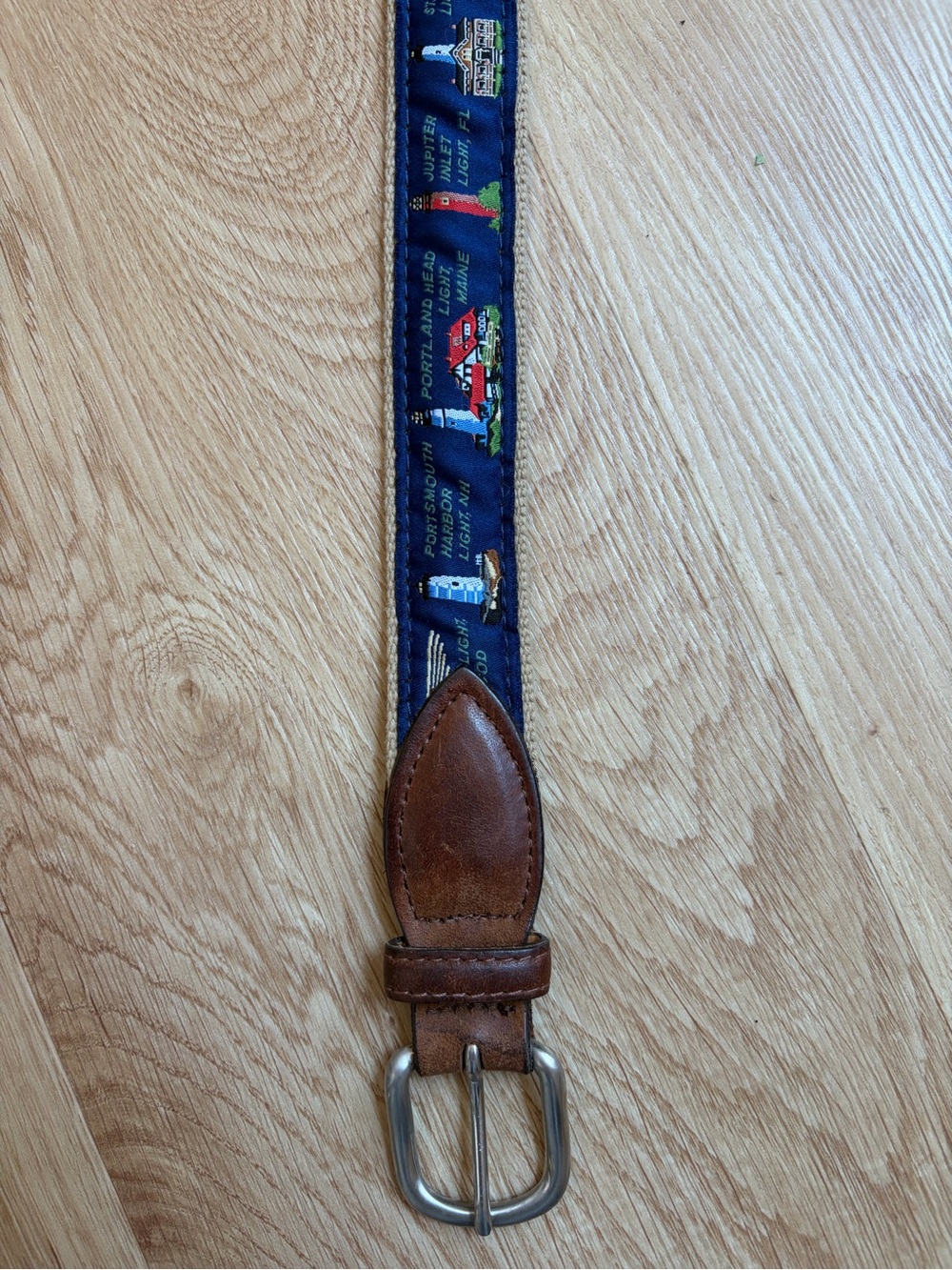 Belted Cow Lighthouse Belt Tan Navy Blue Brown Leather Trim Preppy - Picture 2 of 10
